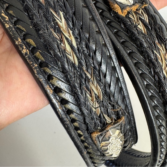 Vintage Western Rustic Tooled Leather Belt Black Silver Buckle Braided Sz 34 - Picture 9 of 16
